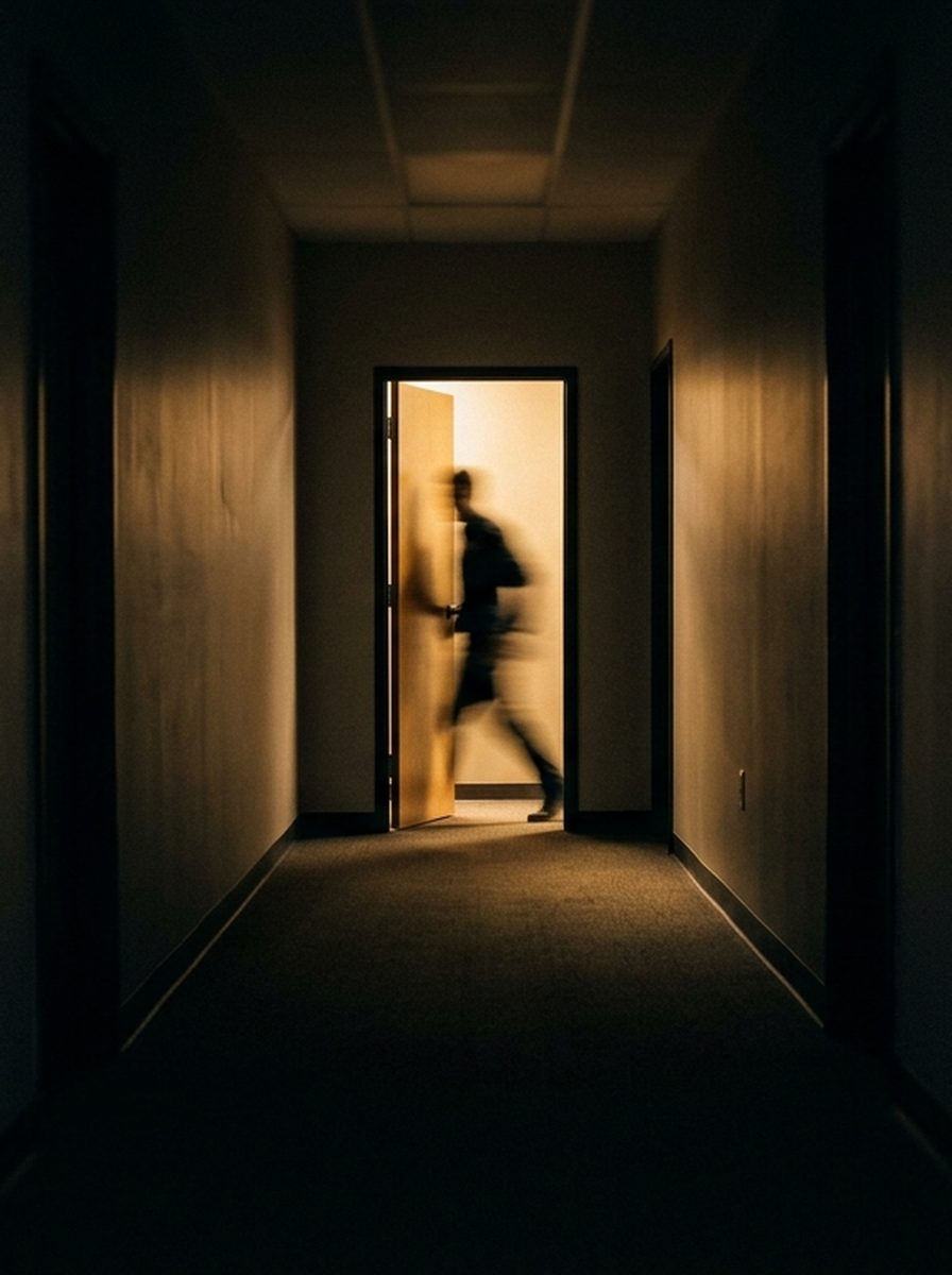 A consultant heading out through a lit doorway