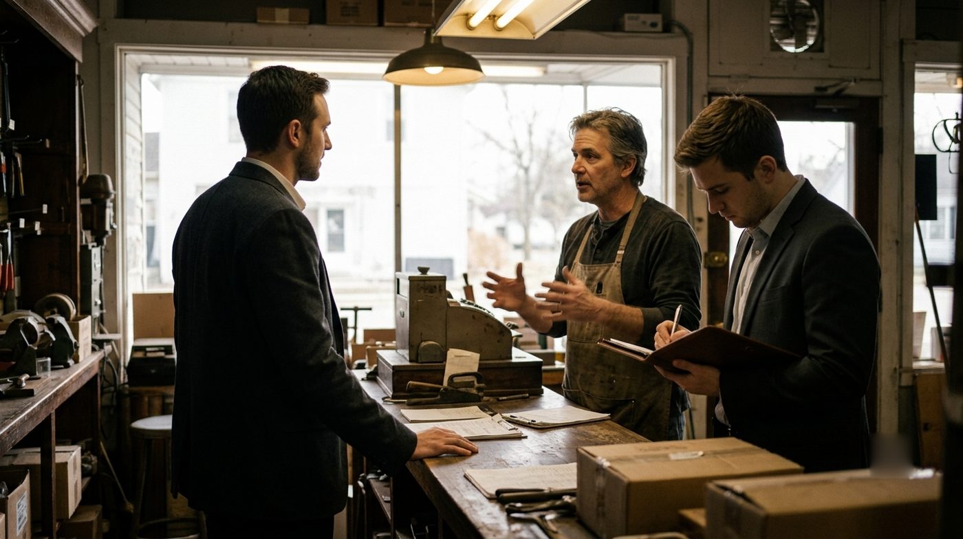 Two consultants talking with a shop owner at his counter